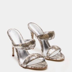 Steve Madden Metallic Silver Snake-Print Double-Strap Heels